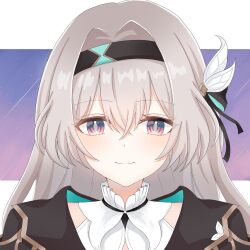 1girl black_hairband black_jacket black_ribbon blush closed_mouth collared_shirt firefly_(honkai:_star_rail) grey_hair hair_between_eyes hair_intakes hair_ornament hair_ribbon hairband highres honkai:_star_rail honkai_(series) jacket long_hair multicolored_eyes ribbon shirt shooting_star smile solo star_(sky) starry_sky_background str_sawa two-tone_eyes white_shirt