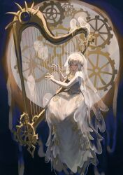 1girl blonde_hair closed_eyes dress everlasting_(e.g.o) faust_(project_moon) gears harp highres instrument killerohan limbus_company medium_hair music playing_instrument project_moon solo veil white_dress white_veil