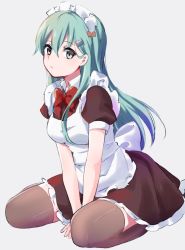 10s 1girl alternate_costume apron aqua_eyes aqua_hair between_legs breasts brown_thighhighs commentary_request enmaided female_focus frills hair_between_eyes hair_ornament hairclip hand_between_legs ica kantai_collection long_hair looking_at_viewer maid maid_apron maid_headdress puffy_sleeves short_sleeves sitting solo suzuya_(kancolle) thighhighs