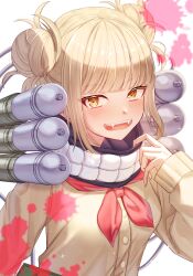 1girl absurdres blonde_hair blood blood_splatter blue_sailor_collar blunt_bangs blush boku_no_hero_academia breasts cardigan double_bun fangs hair_bun highres long_sleeves looking_to_the_side messy_hair narrowed_eyes neckerchief nei_(aduma1120ponpon) open_mouth red_neckerchief sailor_collar school_uniform serafuku short_hair sidelocks smile solo teeth toga_himiko u.a._school_uniform white_background yellow_cardigan yellow_eyes