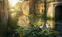 absurdres bare_tree bird building commentary_request day grass highres lily_pad nao1524 no_humans original outdoors overgrown river scenery stone_bridge swan tree water window