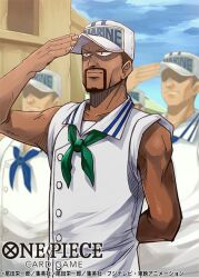 Rule 34 | 4boys, arm behind back, beard, blue neckerchief, blue sky, buttons, closed mouth, commentary request, copyright name, facial hair, green neckerchief, hat, looking ahead, male focus, marine (one piece), marine uniform (one piece), multiple boys, neckerchief, official art, one piece, one piece card game, ripper (one piece), salute, shinra0609, sky, sleeveless, upper body