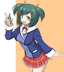 1girl :d absurdres blue_eyes blue_jacket blush breasts diagonal_pliers fang frame_arms_girl frilled_skirt frills green_eyes green_hair hair_ribbon haruwo0096 highres holding jacket kotobuki_bukiko kotobukiya kotobukiya_bishoujo large_breasts long_sleeves looking_at_viewer neck_ribbon open_mouth pen plaid_clothes plaid_skirt pleated_skirt red_skirt ribbon school_uniform shirt short_hair simple_background skirt smile solo twintails two-tone_background two_side_up white_background white_shirt yellow_ribbon