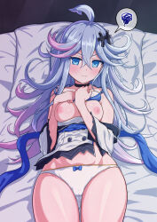 1girl blue_bow blue_eyes blue_hair bow bow_panties breasts breasts_out closed_mouth commentary_request commission gradient_hair highres large_variant_set lying mary_skelter medium_breasts mermaid_(mary_skelter) multicolored_hair mumyou_ishi nipples on_back panties purple_hair skeb_commission solo speech_bubble underwear variant_set white_panties