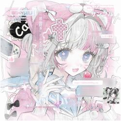 1girl animal_ears blue_eyes blue_nails bow commentary_request fang food hair_bow hair_ornament hairclip headphones heart heart-shaped_pupils highres holding jacket long_sleeves looking_at_viewer multicolored_hair nail_polish open_mouth original piercing pill pink_hair pink_jacket sailor_collar shi_mita skin_fang smile solo symbol-shaped_pupils twintails white_bow white_hair