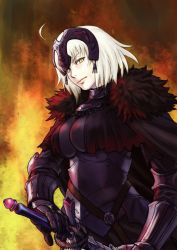 1girl ahoge azasuke blonde_hair breasts closed_mouth fate/grand_order fate_(series) fiery_background fire gauntlets headpiece holding holding_sword holding_weapon jeanne_d&#039;arc_(fate) jeanne_d&#039;arc_alter_(avenger)_(fate) jeanne_d&#039;arc_alter_(fate) large_breasts looking_at_viewer medium_hair solo sword upper_body weapon