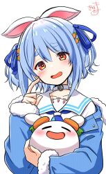 1girl :d animal_ears blue_hair blue_jacket blue_ribbon blush carrot_hair_ornament closed_eyes commentary dress food-themed_hair_ornament fur-trimmed_jacket fur-trimmed_sleeves fur_trim hair_between_eyes hair_ornament hair_ribbon hand_up head_tilt highres hololive jacket kiritoma long_sleeves looking_at_viewer off_shoulder open_clothes open_jacket open_mouth orange_eyes pekomon_(usada_pekora) rabbit-shaped_pupils rabbit_ears ribbon short_eyebrows signature simple_background sleeves_past_wrists smile symbol-shaped_pupils thick_eyebrows two_side_up upper_body usada_pekora usada_pekora_(casual) virtual_youtuber white_background white_dress