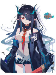 1girl arknights bare_shoulders beads black_hair blue_hair cleavage_cutout closed_mouth clothing_cutout colored_extremities commentary contrast_collar cowboy_shot dragon_bubble_(arknights) dragon_girl dragon_horns dress dusk_(arknights) earrings hair_over_one_eye highres holding holding_sword holding_weapon horns jewelry long_hair multicolored_hair necktie off_shoulder one_eye_covered pointy_ears red_eyes red_necktie roi_423 short_dress sleeveless sleeveless_dress solo standing streaked_hair sword twitter_username uroko_(pattern) watermark weapon white_background white_dress