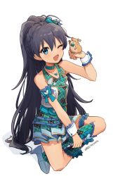 1girl animal antenna_hair aqua_collar black_hair boots check_my_note_(idolmaster) collar fang full_body ganaha_hibiki hamster hamuzou heart heart_necklace high_heel_boots high_heels highres holding holding_animal idolmaster idolmaster_(classic) idolmaster_one_for_all indian_style jewelry knee_boots light_blush long_hair looking_at_viewer necklace nnnn one_eye_closed open_mouth plaid_clothes plaid_skirt ponytail simple_background sitting skirt sleeveless solo very_long_hair white_background wrist_cuffs