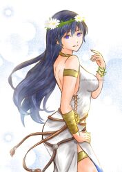 1girl armlet blue_hair brand_of_the_exalt dress fire_emblem fire_emblem_awakening fire_emblem_heroes gold_thighlet hair_between_eyes highres jewelry lucina_(fire_emblem) lucina_(valentine)_(fire_emblem) moverabbit0305 nintendo official_alternate_costume purple_eyes sleeveless sleeveless_dress smile solo symbol_in_eye twitter_username white_dress