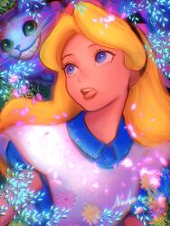 1girl alice_(disney) alice_in_wonderland_(disney) apron blonde_hair blue_dress blue_eyes bow cheshire_cat_(disney) dress flower hairband highres long_hair nyamunekonabe red_lips short_sleeves smile toon_(style) upper_body white_apron
