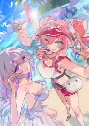 2boys 2girls anaxa_(honkai:_star_rail) aqua_eyes aqua_hair beach black_shorts blue_sky breasts castorice_(honkai:_star_rail) crop_top diving_suit dress floating_animal green_hair highres honkai:_star_rail honkai_(series) hyacine_(honkai:_star_rail) large_breasts long_hair medium_hair mimlmi multicolored_hair multiple_boys multiple_girls ocean outdoors palm_tree phainon_(honkai:_star_rail) pink_hair purple_eyes purple_hair red_shorts short_hair short_shorts shorts sky sundress topless_male tree twintails two-tone_hair white_dress white_hair
