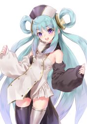 1girl :d absurdres aqua_hair asymmetrical_clothes cropped_legs detached_sleeves dress hair_ornament hair_rings headdress highres kishida_mel long_hair looking_at_viewer multicolored_dress open_mouth original purple_eyes purple_thighhighs smile standing tanding thighhighs twintails very_long_hair waist_cape white_background white_thighhighs