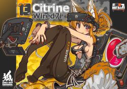 1girl animal_ears arm_tattoo black_pantyhose bracelet breasts cleavage_cutout clothing_cutout english_text extra_ears facial_mark feet fox_ears fox_tail head-mounted_display highres jewelry looking_at_viewer medium_breasts medium_hair nancou_(nankou) orange_hair original pantyhose pelvic_curtain red_eyes red_nails ring sideboob sitting sleeveless solo tail tattoo underboob_cutout whisker_markings