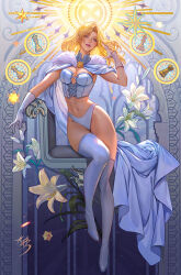 1girl blonde_hair blue_eyes blue_lips breasts cape chess_piece cleavage corset emma_frost fan_yang_(jiuge) gloves king_(chess) large_breasts lipstick looking_at_viewer makeup marvel marvel_rivals navel panties pawn_(chess) queen_(chess) rook_(chess) solo thick_thighs thighs underwear x-men