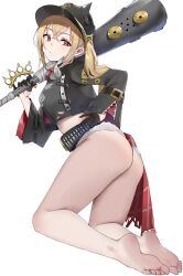 1girl absurdres ass barefoot blonde_hair club_(weapon) feet helmet highres long_hair looking_at_viewer luciana_de_montefio red_eyes soles toes white_background yanwulazy zenless_zone_zero