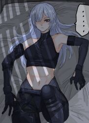 ... 1girl ak-15_(girls&#039;_frontline) black_gloves fuku_(fuku12290574) girls&#039;_frontline gloves grey_hair hair_over_one_eye highres long_bangs long_hair long_sleeves lying navel on_back pov purple_eyes solo speech_bubble