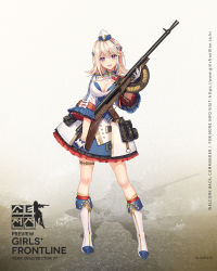 1girl :d automatic_rifle blonde_hair blue_hair boots breasts character_name chauchat chauchat_(girls&#039;_frontline) cleavage dress female_focus flipped_hair full_body girls&#039;_frontline gloves gun hair_between_eyes hair_ornament hat highres holding holding_gun holding_weapon jacket large_breasts light_machine_gun long_hair looking_at_viewer machine_gun mini_hat multicolored_boots multicolored_dress multicolored_hair multicolored_jacket official_art open_mouth pouch purple_eyes red_hair rifle shrug_(clothing) sidelocks smile solo watermark weapon white_gloves wide_sleeves