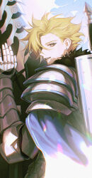 1boy absurdres arm_around_shoulder back blonde_hair cape character_request cross cross_earrings earrings epic_seven gootai grin highres horse jewelry knight looking_at_viewer male_focus short_hair smile solo spiked_hair sword teeth upper_body weapon