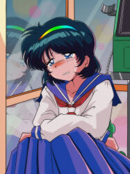 Rule 34 | 1990s (style), 1girl, absurdres, blue eyes, blue hair, blue sailor collar, blush, bow, crying, hairband, highres, long hair, long sleeves, miwijag1997, multicolored hairband, neckerchief, phone booth, red neckerchief, retro artstyle, sailor collar, school uniform, serafuku, short hair, tenkyuu chimata, touhou