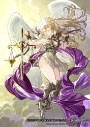 1girl angel_wings armor armored_boots armpits blonde_hair boots bracelet breastplate breasts card_game character_request cleavage cloud copyright_name english_text fantasy floating floating_hair force_of_will gold_bracelet green_eyes halo hands_up higurashi_nakaba large_breasts logo long_hair official_art original parted_lips scales skirt sky solo thighs twitter_username white_skirt wings yellow_sky