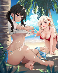 2girls absurdres barefoot beach bikini black_hair blonde_hair blue_bikini blue_sky blurry blush breasts cleavage closed_mouth clothes_lift cloud cloudy_sky commentary_request dappled_sunlight day depth_of_field gibun_(sozoshu) hair_ribbon highres horizon indian_style inoue_takina large_breasts legs lifting_own_clothes long_hair lycoris_recoil medium_breasts multiple_girls navel nishikigi_chisato ocean on_ground outdoors palm_tree purple_eyes red_bikini red_eyes red_ribbon ribbon sand shirt shirt_lift short_hair short_sleeves sitting sky stomach striped_bikini striped_clothes sunlight swimsuit thighs toenails toes tree twintails underboob unworn_bikini_top white_shirt