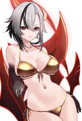 1girl arlecchino_(genshin_impact) bikini black_eyes black_hair black_hands black_nails breasts closed_mouth collarbone colored_extremities facing_viewer gold_bikini highres large_breasts looking_at_viewer multicolored_hair navel red_nails red_pupils solo standing streaked_hair swimsuit symbol-shaped_pupils thighs white_hair x-shaped_pupils yashirinda