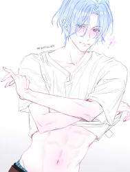 ! 1boy abs blue_hair blue_panties blush brown_pants closed_mouth clothes_lift collarbone green_eyes hasegawa_langa looking_to_the_side male_focus male_underwear male_underwear_peek medium_hair navel nightwitch_0615 nose panties pants parted_bangs shirt shirt_lift signature simple_background sk8_the_infinity solo toned toned_male underwear undressing white_background white_shirt