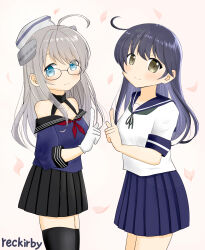 2girls ahoge artist_name black_hair black_skirt black_thighhighs blue_eyes blue_sailor_collar blue_shirt blue_skirt brown_eyes dixie_cup_hat glasses grey_hair hat heywood_l._edwards_(kancolle) heywood_l._edwards_kai_(kancolle) highres index_finger_raised kantai_collection military_hat multiple_girls neckerchief pleated_skirt red_neckerchief sailor_collar sailor_shirt school_uniform serafuku shirt skirt smile thighhighs ushio_(kancolle) white_background white_shirt you_(reckirbyx)