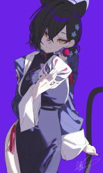 1girl absurdres animal_ear_fluff animal_ears black_dress black_hair black_tail blue_archive blue_background blue_halo blue_jacket breasts china_dress chinese_clothes closed_mouth colored_inner_hair commentary dress extra_ears eyeliner hair_bun halo head_tilt highres holding holding_mask jacket kaguya_(blue_archive) makeup mask multicolored_hair panther_ears panther_girl panther_tail qtian red_eyeliner side_slit sideboob signature simple_background single_hair_bun sleeveless_turtleneck_dress solo tail tassel wide_sleeves yellow_eyes
