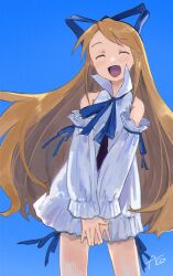 1girl ako_(hoshiya_830) angel blonde_hair blue_background blue_ribbon closed_eyes detached_sleeves disgaea dress flonne frilled_dress frilled_sleeves frills hair_ribbon happy highres leg_ribbon long_hair neck_ribbon open_mouth own_hands_together ribbon sleeve_ribbon thigh_ribbon white_dress