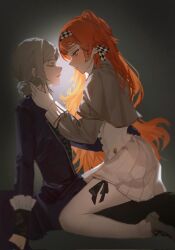 2girls black_gloves blush capelet closed_eyes closed_mouth coat commentary_request dress dyudyeodye2533 gloves gradient_background grey_capelet grey_hair hair_bun hand_on_another&#039;s_waist highres korean_commentary long_hair multiple_girls orange_hair pants parted_lips purple_coat reverse:1999 single_side_bun sitting sitting_on_lap sitting_on_person smile sonetto_(reverse:1999) two_side_up vertin_(reverse:1999) white_dress white_gloves white_pants yuri