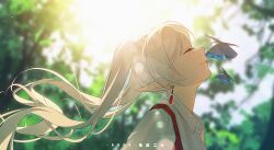1girl bug butterfly closed_eyes day forest frieren highres insect lens_flare long_hair nature pointy_ears shirt solo sousou_no_frieren sunlight tree tujiu_sama twintails very_long_hair white_hair white_shirt