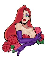Rule 34 | 1girl, breasts, cleavage, collarbone, cropped torso, earrings, elbow gloves, eyeshadow, flower, gloves, green eyes, grizz, hair over one eye, highres, jessica rabbit, jewelry, large breasts, makeup, purple eyeshadow, purple gloves, red flower, red lips, red rose, rose, simple background, solo, white background, who framed roger rabbit