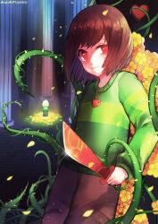 1boy 1other arm_at_side asriel_dreemurr bead_necklace beads bob_cut brown_hair brown_pants chara_(undertale) closed_mouth cowboy_shot dagger dayuh falling_petals flower furry furry_male goat_boy green_sweater heart heart-shaped_pupils heart_necklace highres holding holding_dagger holding_knife holding_weapon horns jewelry knife leaning_back long_sleeves necklace other_focus pants petals pillar plant puffy_long_sleeves puffy_sleeves red_eyes short_hair smile solo_focus spotlight standing striped_clothes striped_sweater sweater swept_bangs symbol-shaped_pupils tumblr_username undertale uneven_eyes vines weapon white_fur wind yellow_flower yellow_petals
