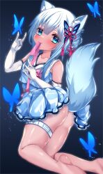 1girl animal_ears ass bare_shoulders blue_butterfly blue_hair bug butterfly butterfly_hair_ornament elbow_gloves folded_ponytail fox_ears fox_girl fox_tail gloves gushagusha5 hair_ornament highres insect kitsune_ga_boku_wo_matteiru kitsune_ga_boku_wo_matteiru_hana korean_clothes looking_at_viewer ryufa_(kitsune_ga_boku_wo_matteiru) solo tail third-party_source