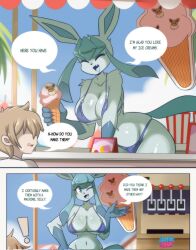 ! 1boy 1girl 1other :o animal_ears artist_name beach bikini bikini_top_only blue_bikini blue_eyes blush curvy day eevee english_text faceless faceless_male fingernails food fourth_wall gen_1_pokemon gen_4_pokemon glaceon highres holding holding_food holding_ice_cream ice_cream incoming_food looking_at_another looking_at_viewer lucyfer machine micro_bikini monster_girl nintendo o-ring o-ring_bikini one_eye_closed open_mouth personification pokemon pun sexually_suggestive shiny_skin simple_background swimsuit tail thong thong_bikini trait_connection wide_hips wink