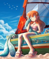 1girl beach bikini blastoise blue_eyes boat day earrings fins fish_tail gen_1_pokemon gen_2_pokemon gen_3_pokemon glitcher gyarados hair_ornament jewelry lapras long_hair luvdisc marill md5_mismatch milotic misty_(pokemon) necklace nintendo ocean octillery on_boat orange_hair pokemon pokemon_(creature) resized sailboat sandals signature source_request starmie staryu swimsuit tail towel water watercraft wet wingull