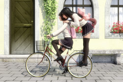 1girl 2girls 3d black_hair black_thighhighs bob_cut day door jugular legs long_hair multiple_girls original realistic scenery school_uniform serafuku skirt thighhighs zettai_ryouiki