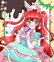 1girl animal_ears chocolate dress easter easter_egg egg flower green_dress green_eyes mel-chan original pink_ribbon rabbit rabbit_ears red_hair red_theme ribbon tongue tongue_out