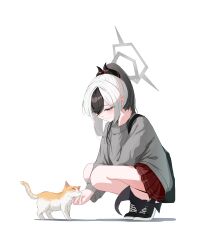 1girl absurdres black_hair black_horns black_shoes blue_archive cat closed_eyes closed_mouth demon_horns grey_hair grey_sweater halo hashtag-only_commentary highres hit_by_hit horns kayoko_(blue_archive) long_sleeves pleated_skirt ponytail red_skirt shoes sidelocks skirt solo squatting sweater white_background