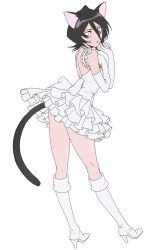 Rule 34 | 1girl, absurdres, animal ears, ass, black hair, bleach, boots, breasts, cat ears, cat tail, dress, frilled dress, frills, full body, hair between eyes, high heels, highres, kuchiki rukia, looking at viewer, n (nauki 11), purple eyes, ribbon, short hair, simple background, solo, tail, white background, white boots