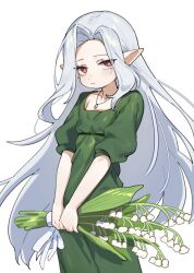 Rule 34 | 1girl, blush, bouquet, closed mouth, commentary, dress, english commentary, flat chest, flower, green dress, grey hair, hair flower, hair ornament, highres, holding, holding bouquet, hufy, lily of the valley, long hair, looking at viewer, original, parted bangs, pointy ears, red eyes, short sleeves, simple background, solo, very long hair, white background, white flower, yellow pupils