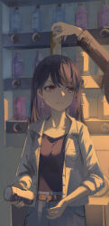 2girls absurdres airool arm_up bang_dream! bang_dream!_it&#039;s_mygo!!!!! belt belt_buckle black_shirt bottle breast_pocket brown_belt buckle can chinese_commentary closed_mouth collarbone commentary_request cowboy_shot earrings highres holding holding_can jacket jewelry lapels light_frown long_sleeves looking_at_another looking_to_the_side milk_carton mole mole_under_eye multiple_girls object_on_head open_clothes open_jacket pink_eyes pocket purple_hair shiina_taki shirt single_earring sweatdrop swept_bangs three-quarter_sleeves translation_request vending_machine yahata_umiri