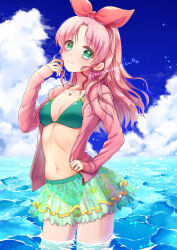 1girl artist_name bikini bow breasts cloud day frills green_bikini green_eyes hair_bow hand_up highres jacket jewelry laura_newfield necklace outdoors parted_bangs pink_jacket red_bow sasamuke_pika small_breasts smile swimsuit wading water yuukyuu_gensoukyoku