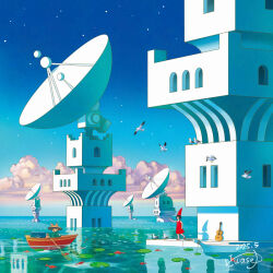 1girl aircraft artist_name bird blue_sky blue_theme boat building cloud dated dress fantasy fish guitar hat instrument lily_pad ocean original outdoors scenery signature sky standing star_(sky) surreal umbrella water watercraft yukoiwase
