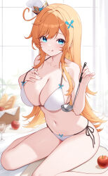 1girl :q absurdres apple bikini blue_eyes breasts collarbone escoffier_(genshin_impact) food fruit genshin_impact hand_on_own_chest highres holding holding_ladle ladle large_breasts long_hair looking_at_viewer mini_chef_hat orange_hair origami_(poinia) sidelocks sitting solo swimsuit thighhighs tongue tongue_out wariza white_bikini white_thighhighs