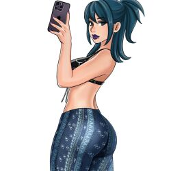 1girl ass black_bra blue_hair blue_pants bra breasts cellphone forbidden_pants fortnite gigis_lab holding holding_phone hope_(fortnite) iphone looking_at_viewer medium_breasts meme_attire pants phone print_pants simple_background smartphone solo underwear white_background