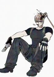 Rule 34 | 1boy, axe, axe in head, black gloves, blonde hair, blood, blood on face, fingerless gloves, full body, furrowed brow, gloves, grey pants, grey shirt, grey shoes, gun, handgun, highres, holding, holding gun, holding weapon, injury, knife, leon s. kennedy, male focus, nul, pants, resident evil, resident evil 4, shirt, shoes, short hair, short sleeves, sitting, solo, swept bangs, t-shirt, weapon, white background