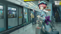 1girl akemi_homura arrow_(symbol) artist_name back_bow backpack bag blue_headwear blue_kimono bow bright_pupils candy cellphone character_request chinese_text commentary_request contemporary copyright_request crossover crowd dated food genos hakurei_reimu hand_grip handbag hands_in_pocket hannsu hat highres holding holding_hand_grip holding_phone itadori_yuuji japanese_clothes jujutsu_kaisen kaname_madoka kimono lollipop long_sleeves looking_at_viewer mahou_shoujo_madoka_magica mahou_shoujo_madoka_magica_(anime) mask mob_cap mouth_hold mouth_mask one-punch_man people phone pink_eyes pink_hair purple_bow saigyouji_yuyuko saitama_(one-punch_man) short_hair simplified_chinese_text smartphone solo_focus subway subway_station suitcase tactile_paving touhou triangular_headpiece white_pupils zen&#039;in_maki